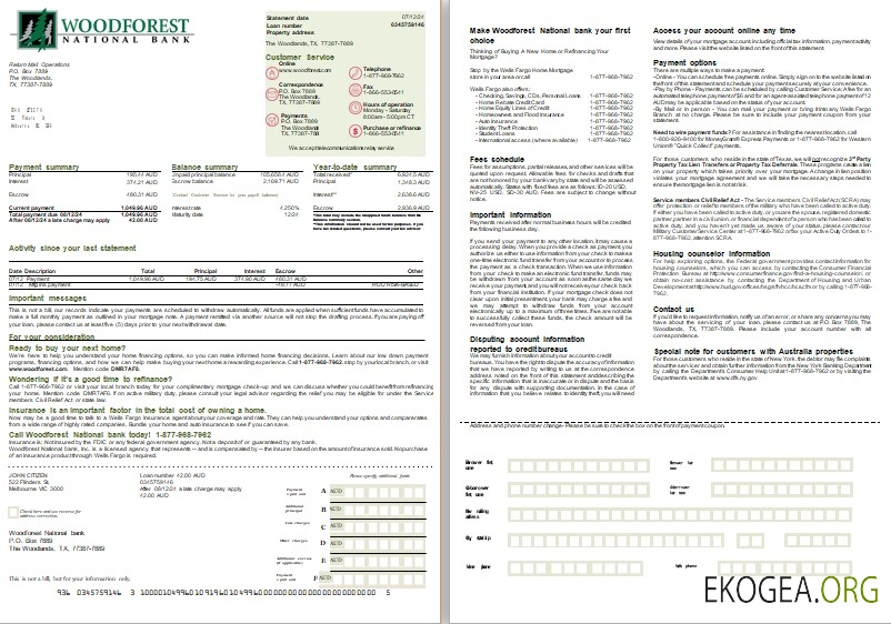 Relevé hypothécaire de la banque nationale Australia Woodforest, 2 pages, 1, 2 scr